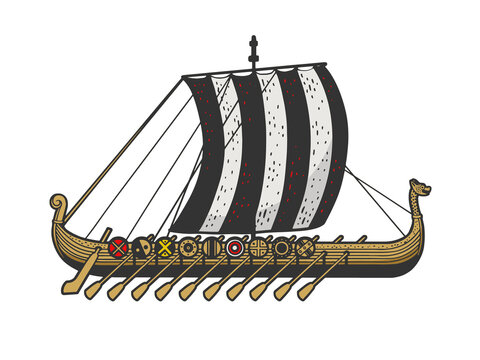 Viking ship color sketch engraving vector illustration. T-shirt apparel print design. Scratch board imitation. Black and white hand drawn image.