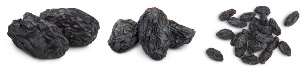 Fototapeta na wymiar Black raisin isolated on white background with clipping path. Top view. Flat lay, Set or collection