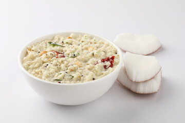 Indian food, chutney, Coconut chutney in a bowl with raw coconut ,Served with dosa, idli, vadai