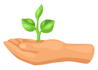 Fototapeta na wymiar Hand holding young green sprout. Agricultural planting illustration.
