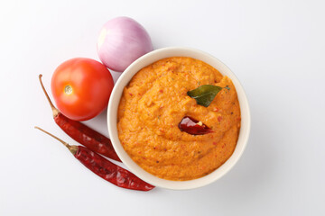 Tomato, onion chilli chutney, Indian chutney or dip.selective focus
