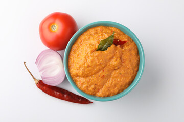 Tomato, onion chilli chutney, Indian chutney or dip.selective focus