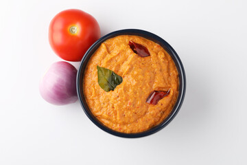 Tomato, onion chilli chutney, Indian chutney or dip.selective focus