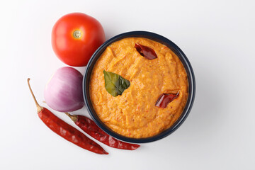 Tomato, onion chilli chutney, Indian chutney or dip.selective focus