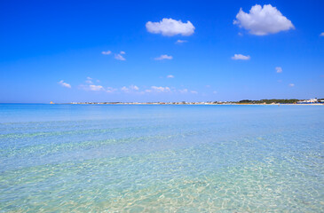 The most beautiful sandy beaches of Apulia in Italy: Porto Cesareo beach in Salento coast is ...