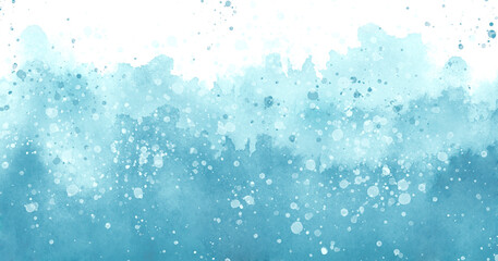 Watercolor blue background, blot, blob, splash of blue paint. Abstract blue ink wash painting. Grunge texture. silhouette of the forest, fog. Storm at sea, ocean.Splatter of blue paint. Snow, rain