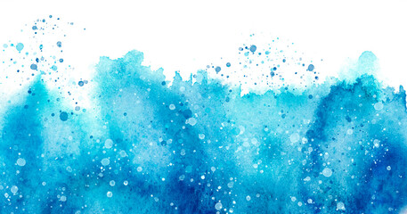 Watercolor blue background, blot, blob, splash of blue paint. Abstract blue ink wash painting. Grunge texture. silhouette of the forest, fog. Storm at sea, ocean.Splatter of blue paint. Snow, rain