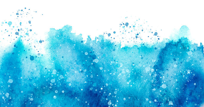 Watercolor blue background, blot, blob, splash of blue paint. Abstract blue ink wash painting. Grunge texture. silhouette of the forest, fog. Storm at sea, ocean.Splatter of blue paint. Snow, rain