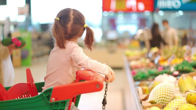 Child, little girl 5 years sitting shopping cart in supermarket while mother choose goods to buy it Female kid with mother in shopping cart food store or supermarket. Little kid going shopping.