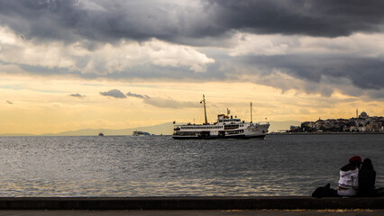 General view of the ferry line of a passenger ship sailing on the Bosphorus