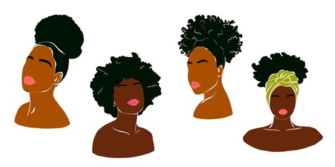 Abstract black woman portrait. Afro american black skin girl. Fashion illustration, minimalist style