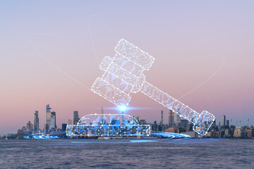 New York City skyline from New Jersey over Hudson River with Hudson Yards skyscrapers at sunset. Manhattan, Midtown. Hologram legal icons. The concept of law, order, regulations, digital justice
