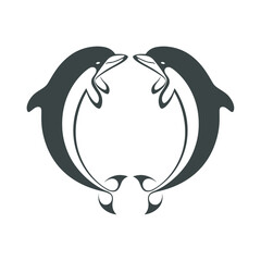 Two dolphins graphic icon. Jumping dolphins as sea life symbol. Sign isolated on white background. Vector illustration