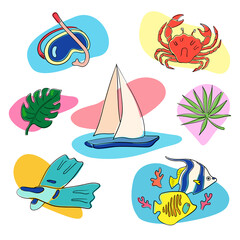 Summer labels beach holiday elements.Set of vector icons, vacation and travel tags of diving equipment: swimming mask, flippers, palm leaf, crab, monstera, sailboat, tropical coral fish