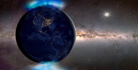 Northern lights aurora borealis over the planet Earth - Aurora australis under the planet Earth ...