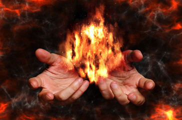 man hands holding fire