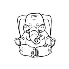 Cartoon elephant sitting in asana, lotus position, healthy lifestyle, hand drawn black and white illustration