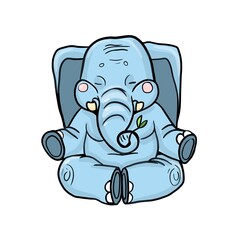 Cartoon elephant sitting in asana, lotus position, healthy lifestyle, color hand drawn illustration
