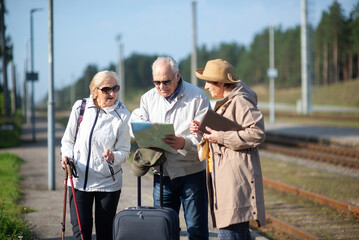 Group of active cheerful seniors with suitcases looking travel map while standing on peron