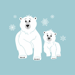 Polar bear family, mom and baby. Wild northern animals. Cute funny characters in cartoon style for child. Hand drawn vector illustration isolated on blue background with snowflakes. Modern flat style.