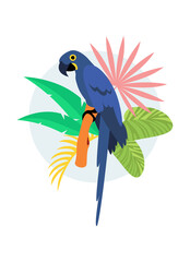 Tropical blue macaw parrot sits on a branch with leaves of tropical plants. Vector illustration isolated on white background