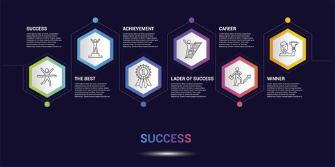 Infographic Success template. Icons in different colors. Include Success, The Best, Achievement, Lader Of Success and others.