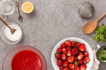 Ingredients for making strawberry jam, top view
