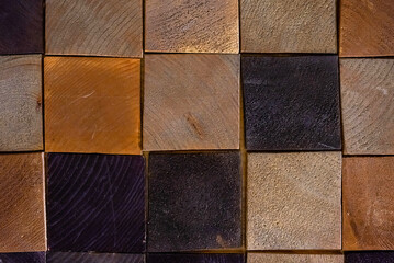 Multi coloured wooden texture with square pattern. Decorative wooden plank panel.