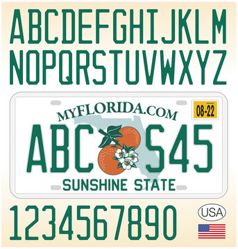 Florida License car plate pattern design, with numbers, letters and symbols, United States of America, vector illustration