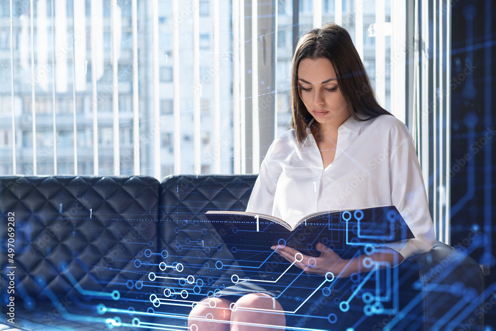 Aufkleber portrait of attractive businesswoman in formal wear working with documents and thinking how to optim