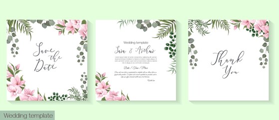 Vector herbal wedding invitation template. Different herbs, Sakura, magnolia, green plants and leaves, unripe berries, round gold frame. All elements can be isolated.