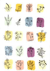 set of simple plants hand-drawn- fine-line with ink background