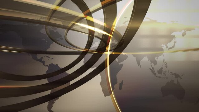 Newsroom with world map and gold circles, business, corporate and news style background