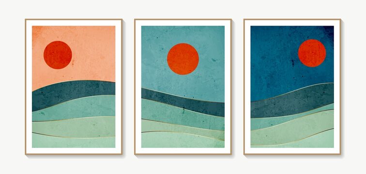 Sea and sun wall art set. Vector landscapes backgrounds set with wave and sun. Abstract arts design for wall framed prints, poster, cover, home decor, canvas prints, wallpaper.