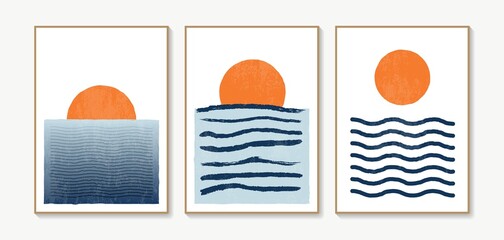 Sea and sun wall art set. Vector landscapes backgrounds set with wave and sun. Abstract arts design for wall framed prints, poster, cover, home decor, canvas prints, wallpaper. © shendart