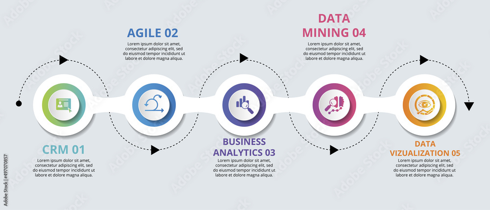Poster infographic business intelligence template. icons in different colors. include crm, agile, business 