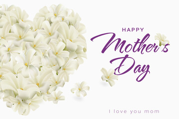 Mother's day with heart flower postcard pure white conveys love for mother. Realistic file.