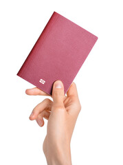 Hand holding passport isolated on white background. Documents, visa, citizenship or emigration...
