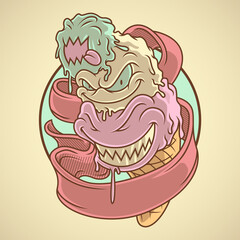 Cartoon emblem of rainbow ice cream monster