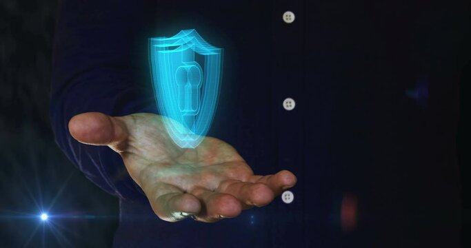 Cyber security, network protection and digital data with shield 3d symbol over man hand. Cyber technology icon abstract concept seamless and loopable.