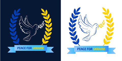 Peace for Ukraine symbol with dove icon. Peace for Ukraine text with Ukraine flag in peace symbol. The concept of peace in Ukraine. 