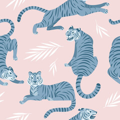 Seamless tropical pattern with blue tigers and palm leaves