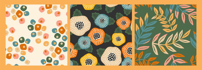 Set of abstract simple seamless pattern with flowers. Modern design for paper, cover, fabric, interior decor and other