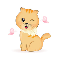 Cute little Orange Cat and butterfly, animal cartoon illustration