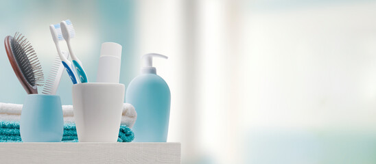Toiletries and towels in the bathroom
