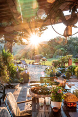 beautiful italian terrace with view on a magical garden during sunset