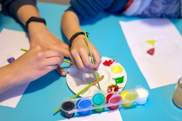 Two children painting with watercolors, no faces shown