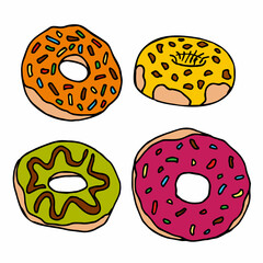 Set with different donuts on white background. Vector image.