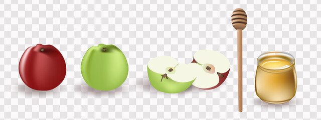 Apples are green and red, whole and cut. Honey on a transparent background