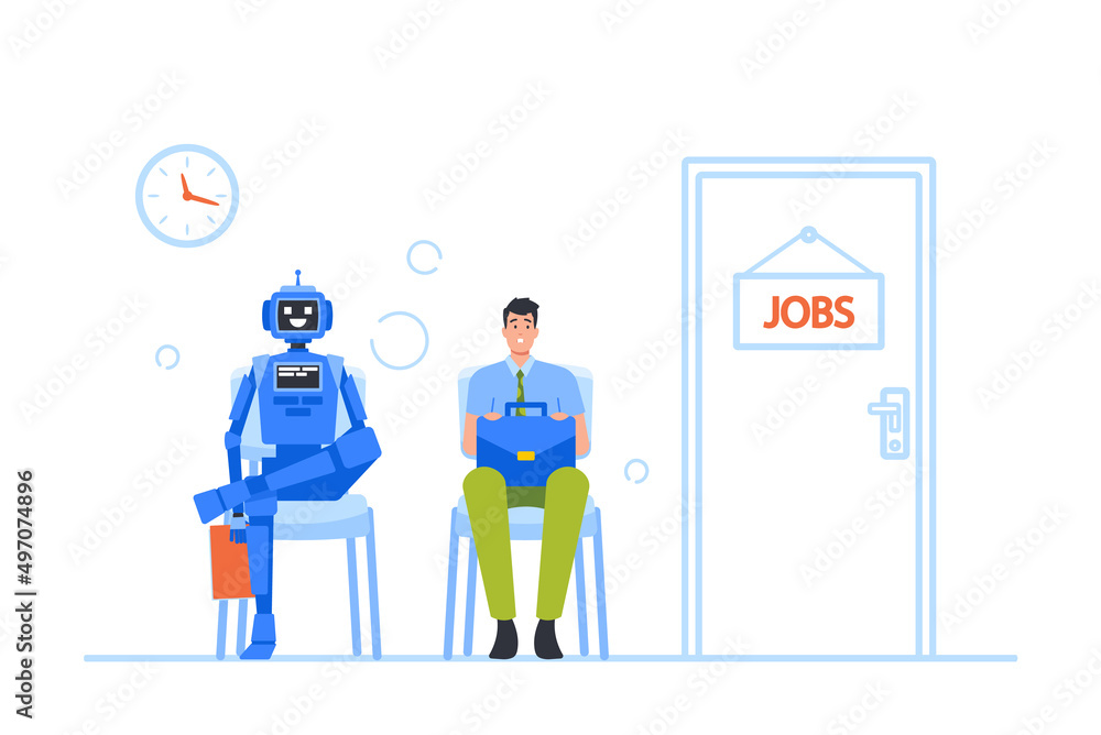 Poster robot and businessman sitting in lobby waiting invitation for job interview. human and machine chara